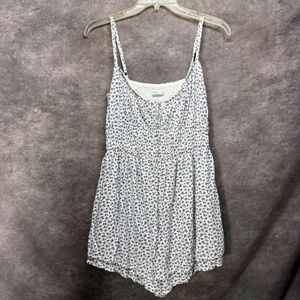 Hollister Blue White Ditsy Floral Smocked Romper Size L Playsuit Cottagecore
